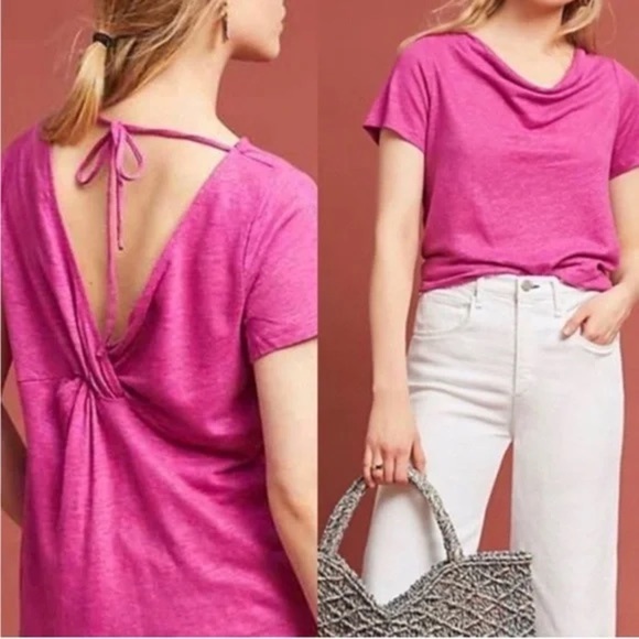 Maeve Tops - ANTHROPOLOGIE x MAEVE FUCHSIA HORIZON LINEN BACK TWIST DRAPE TEE SIZE LARGE